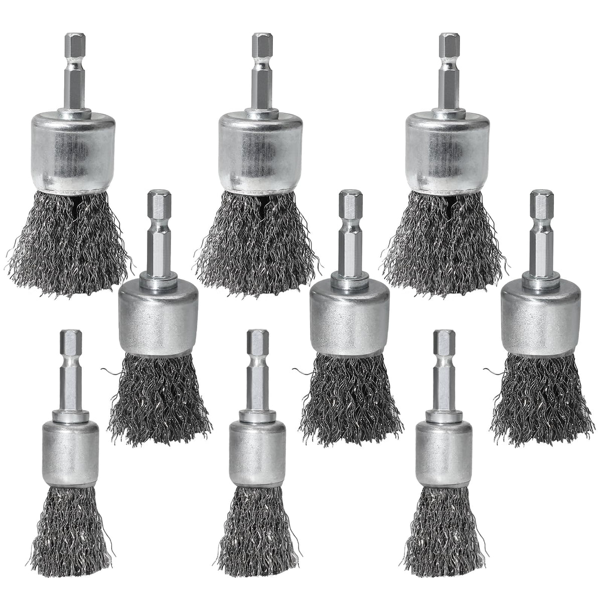 Opfiue 9 PCS 1/4" Hex Shank Wire Brush Wheel for Drill, 0.8" 1" 1.2" Sizes