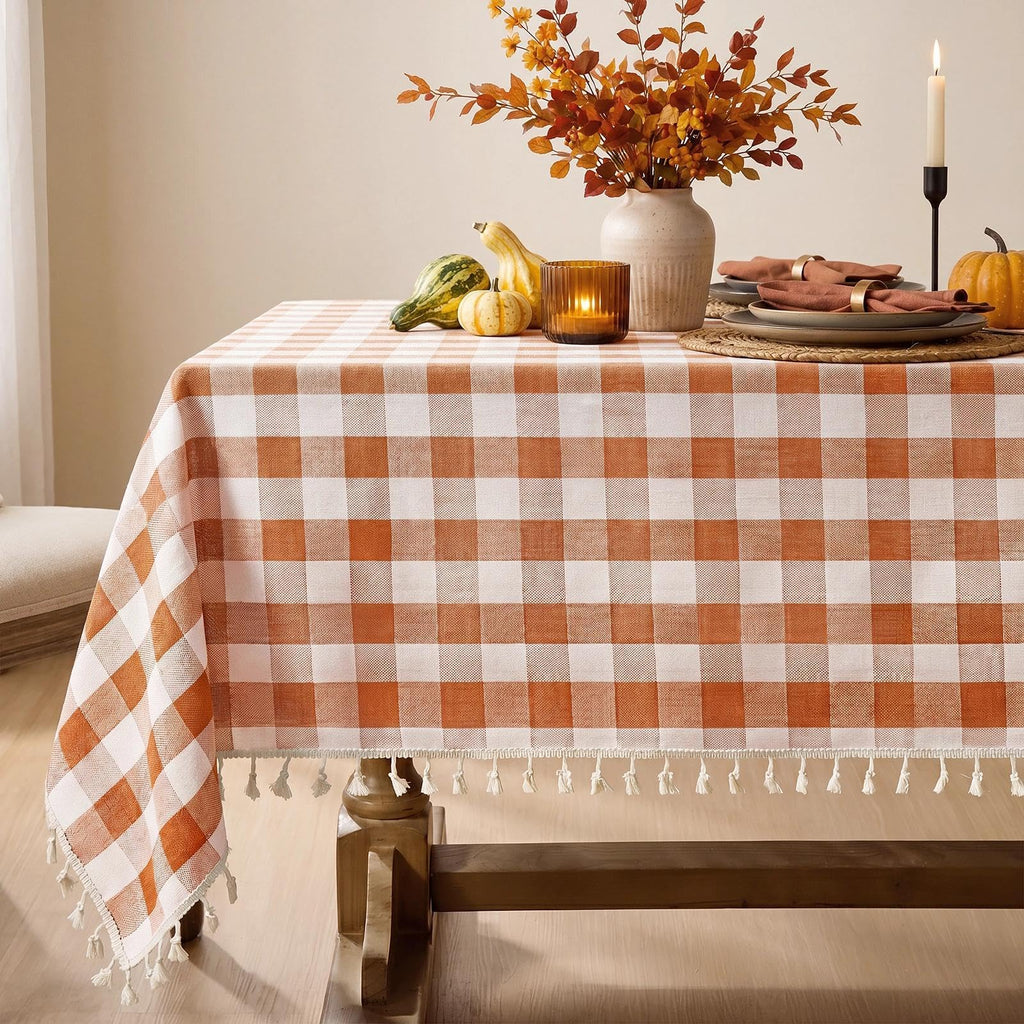 Fall Gingham Rectangle Tablecloth with Tassel, Orange, 55" x 84"