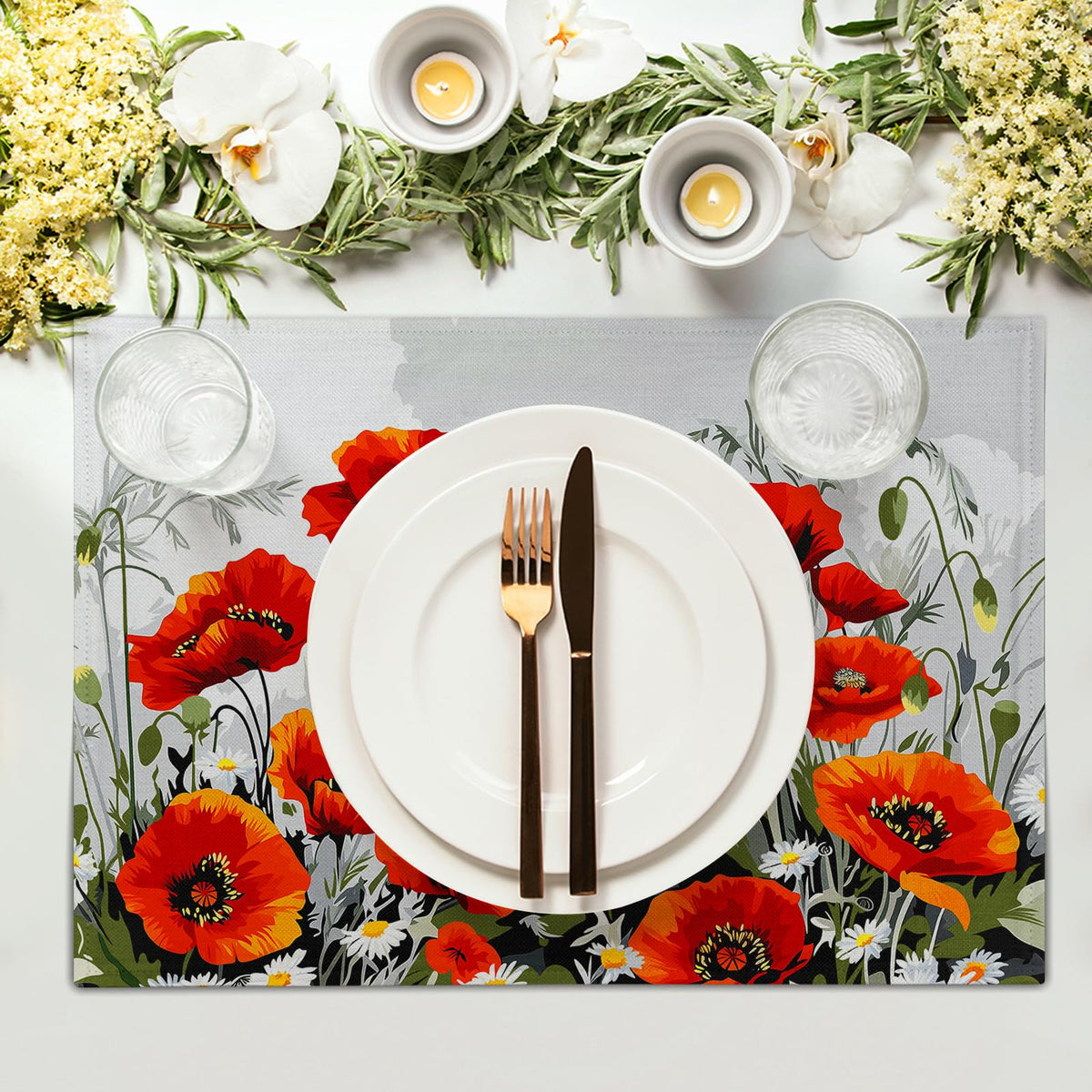 Poppy Flowers Placemats Set of 4, 12"x18" Rustic Red Orange Floral Linen Place Mat, Spring Summer Washable Non-Slip