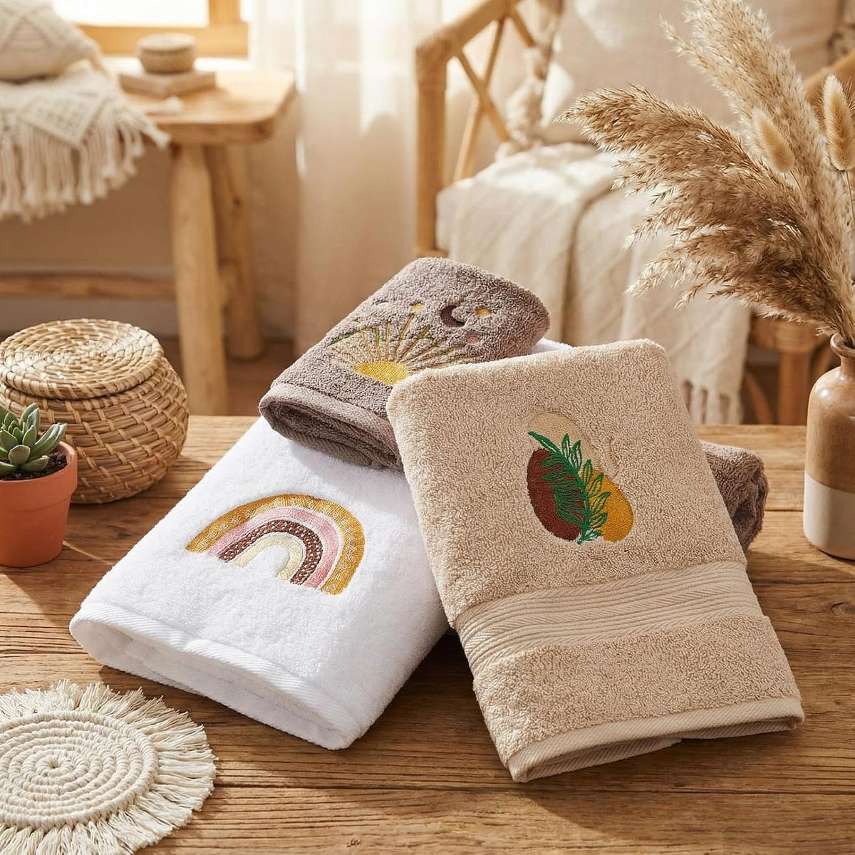 6 Pack Boho Bath Towels Set, Rainbow Beige