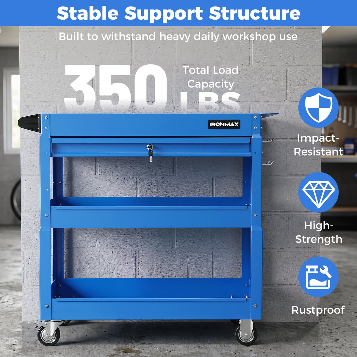 3 Tier Rolling Tool Cart with Lockable Drawer, Heavy Duty Metal Utility Cart on Wheels with Pegboards & Hooks