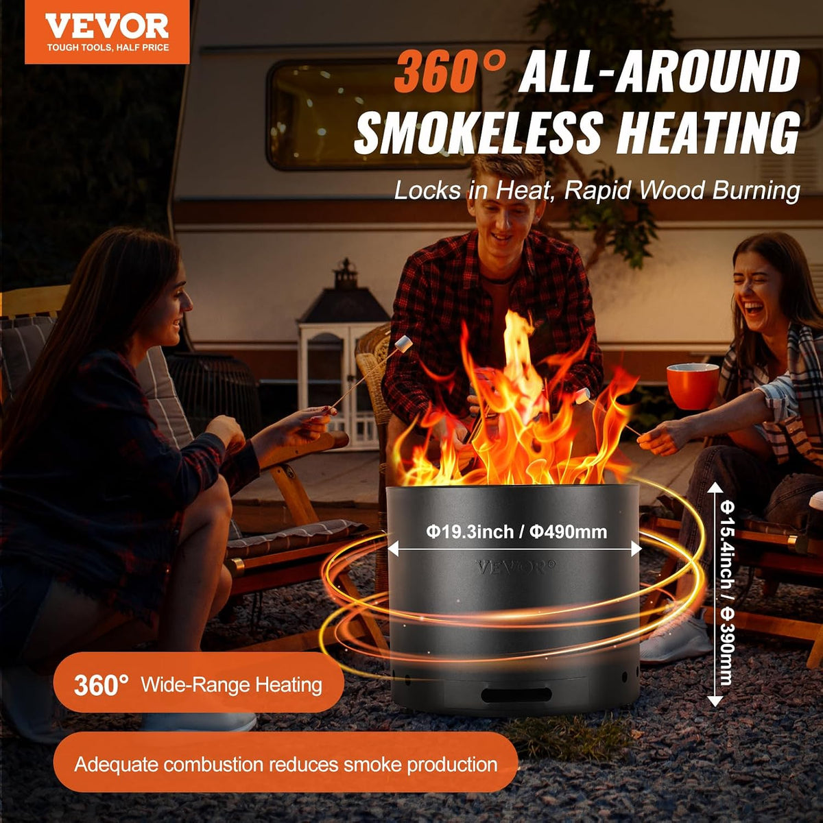 Smokeless Fire Pit Stove Bonfire, H: 15.4 in x Dia: 19.3 in,Wood Burning Fireplaces with Removable Ash Pan, SUS430