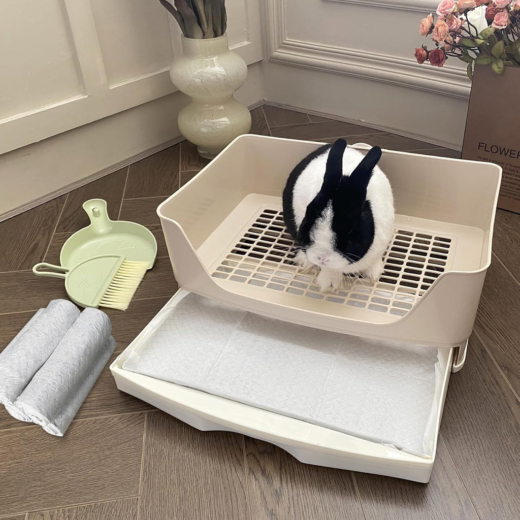 Large Rabbit Litter Box Bunny Potty Training Corner Litter Pan with Drawer Comes with Liners Rabbit Pee Pads, Small