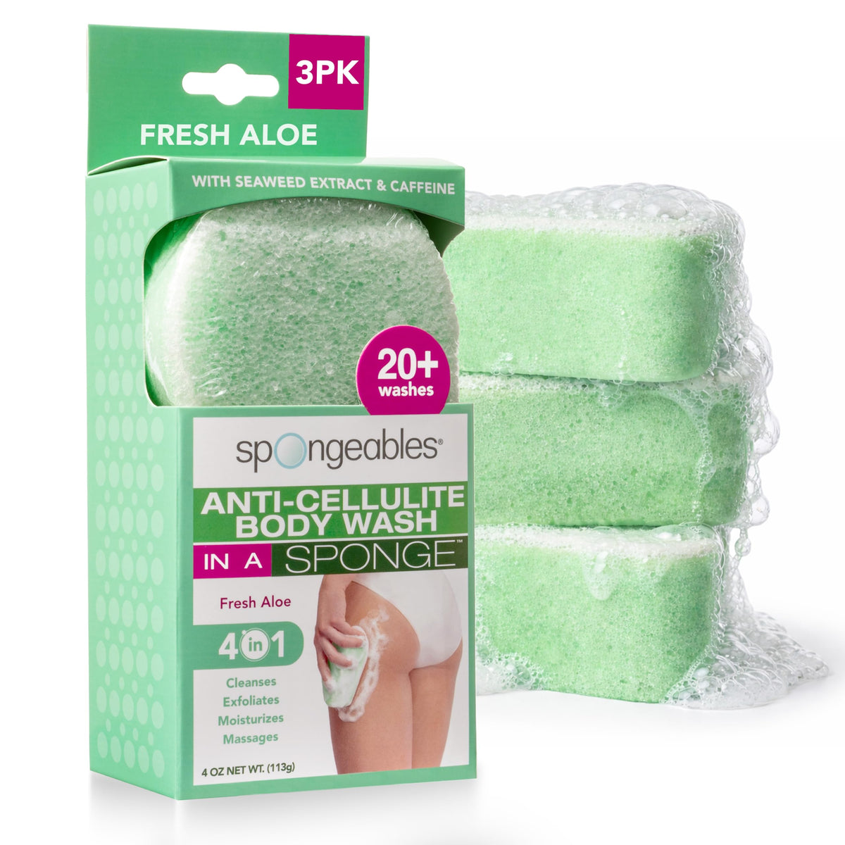 Anti Cellulite Body Wash in a 20+ Wash Sponge, Fresh Aloe, 3 Count