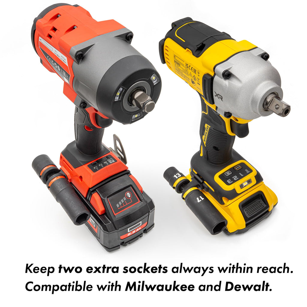 Simon Tools Socket Holder for Milwaukee & Dewalt Impact Wrenches | Choose 1/2" or 3/8" Size | Holds Two Sockets | Lightweight Aluminum, Low Profile | Mounts Using Belt Clip Screw Point