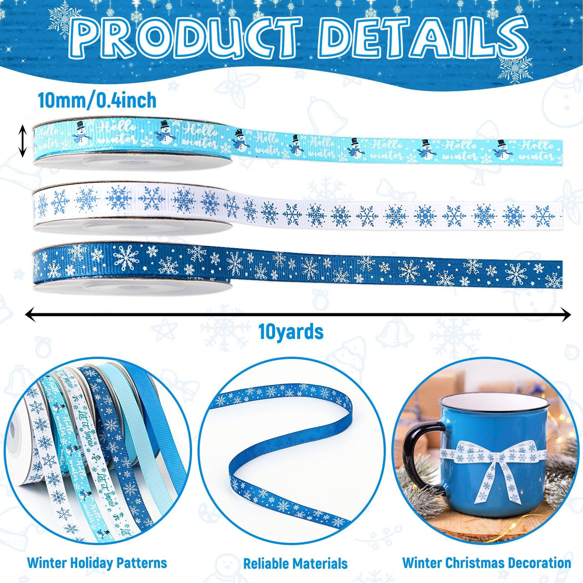 Winter Ribbons for Gift Wrapping, 6 Rolls 60 Yards Christmas Ribbon