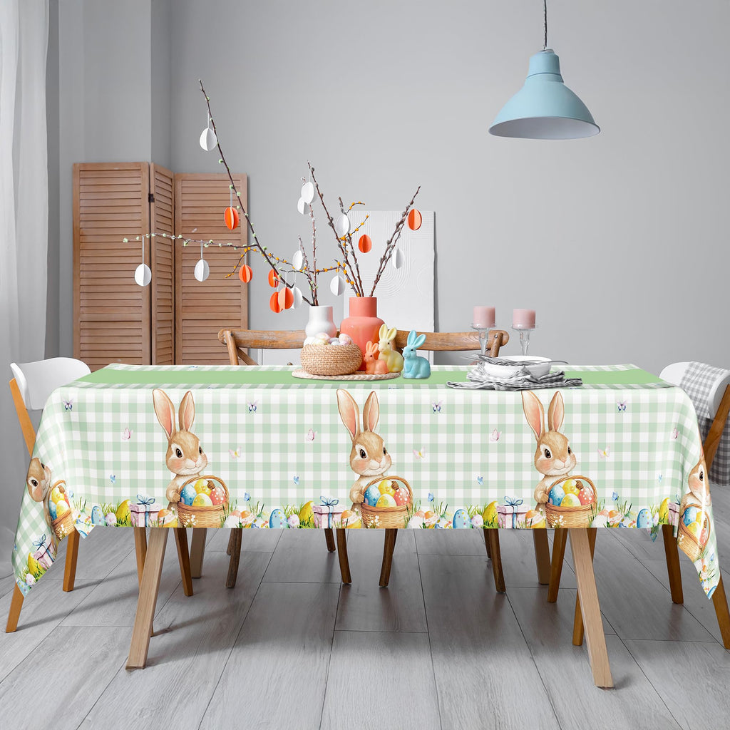 3 Pack Easter Tablecloths, 54" x 108" Disposable Easter Decorations, Sage Green Bunny Plaid Spring Tablecloth
