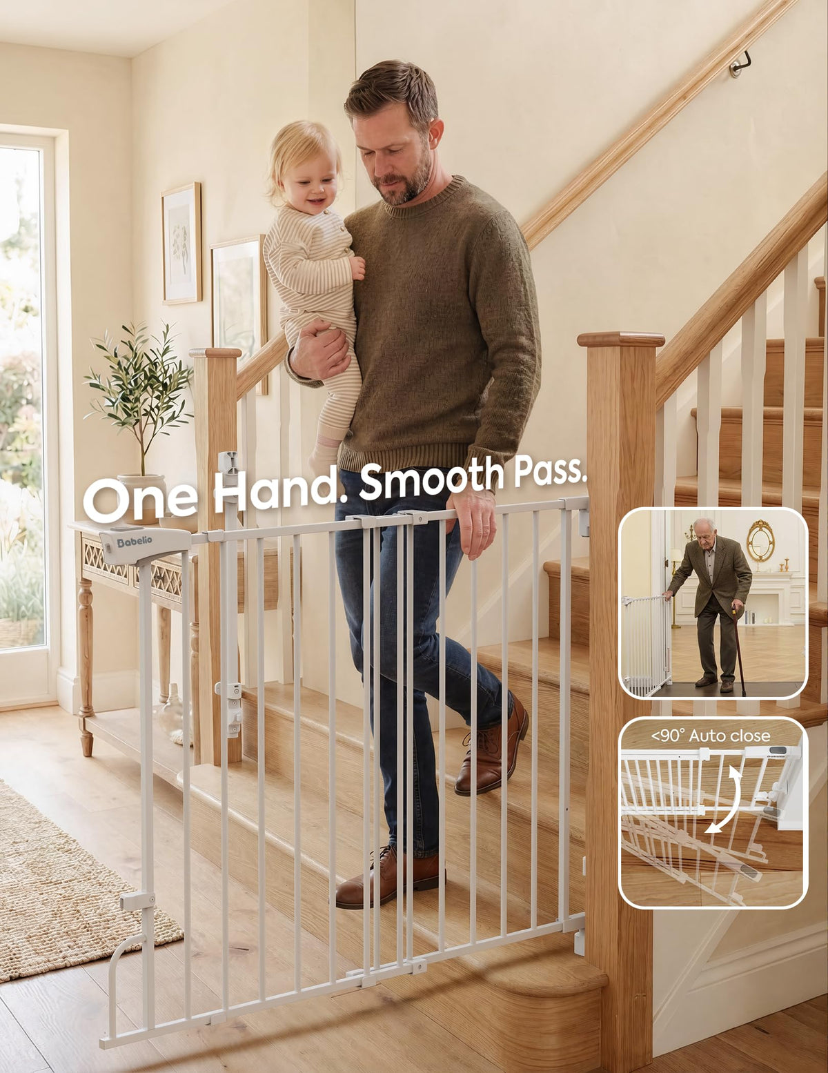 36" H x 29-43" W Adjustable Hardware/Pressure-Mounted Pet & Child Safety Gate with Dual-Lock Walk-Through Swing Door for Stairs, Hallways & Wide Doorways — White