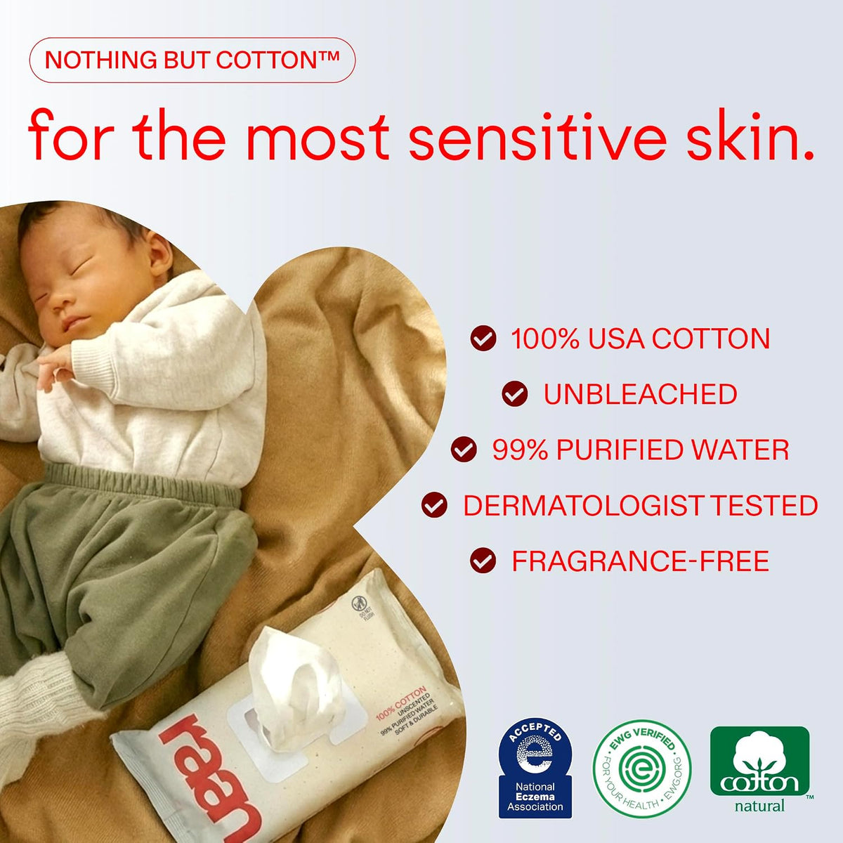 100% Cotton Baby Wipes, Unbleached, 99% Purified Water, Unscented, EWG verified