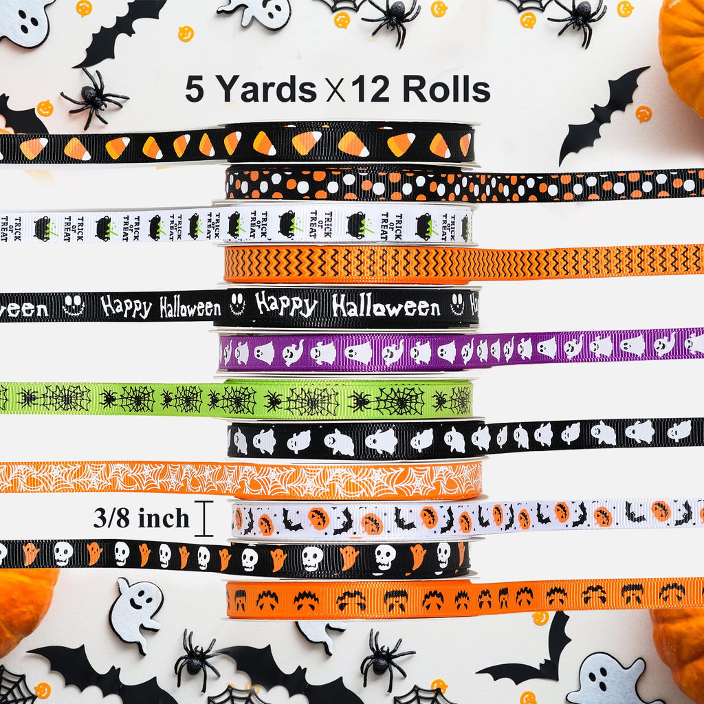 Halloween Ribbon Thin Grosgrain 3/8 Inches Thin Halloween Ribbons Set