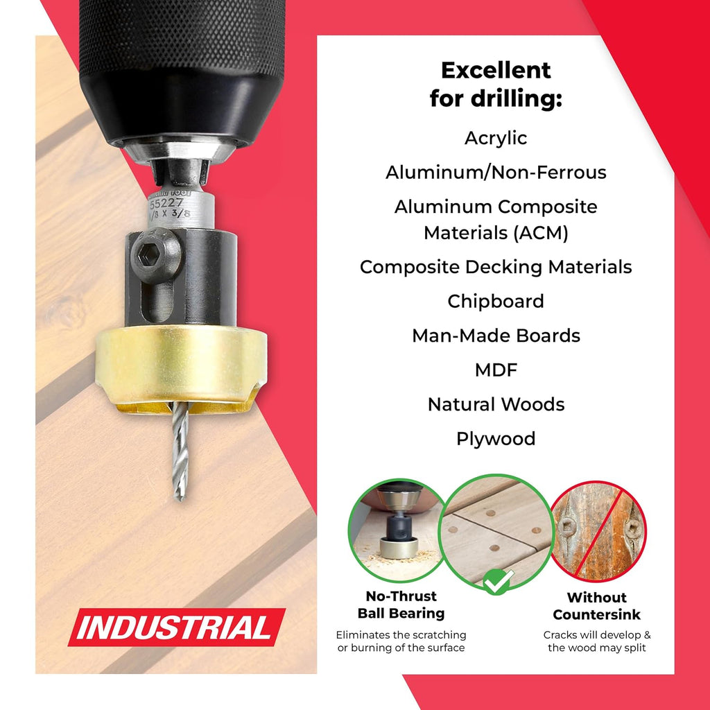 Amana Tool 55227 Carbide Tipped 82 Degree Countersink Set with Adjustable Drill Bit Depth Stop and No-Thrust Ball Bearing 3/8 Dia x 1/8 Drill Dia x 1/4 Inch Quick Release Hex Shank