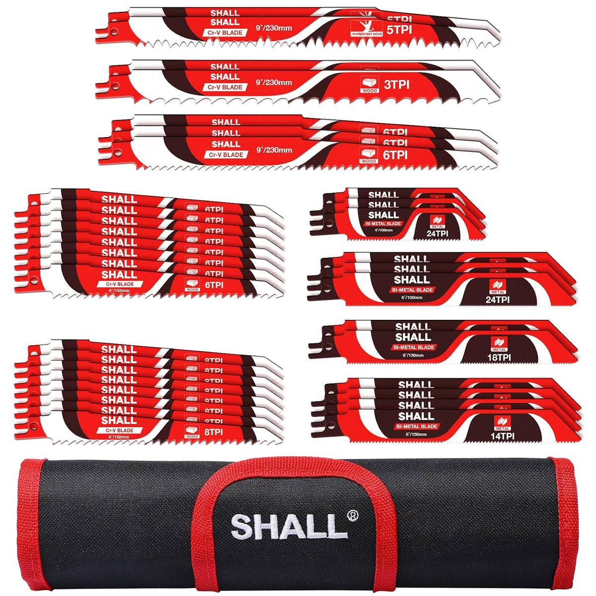 Shall Reciprocating Saw Blades (34pcs) Carbide Steel Replacement Saw Blade Kit for Tree Pruning, for Wood, Metal and Plastic, with Storage Bag