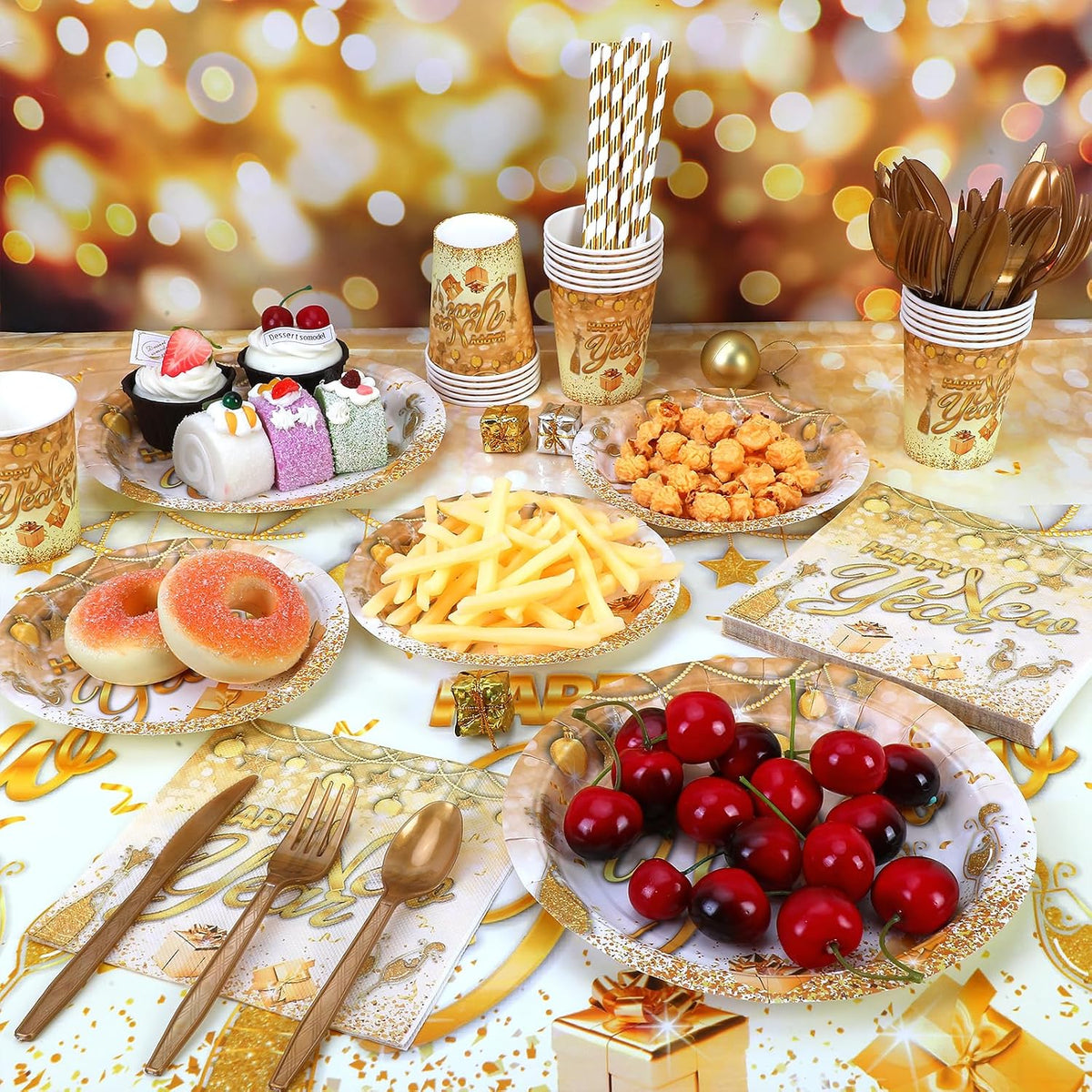 121 Pcs New Years Eve Party Supplies Dinnerware Set, Happy New Years White Gold Tablecloth Banner Plates Cups Napkins