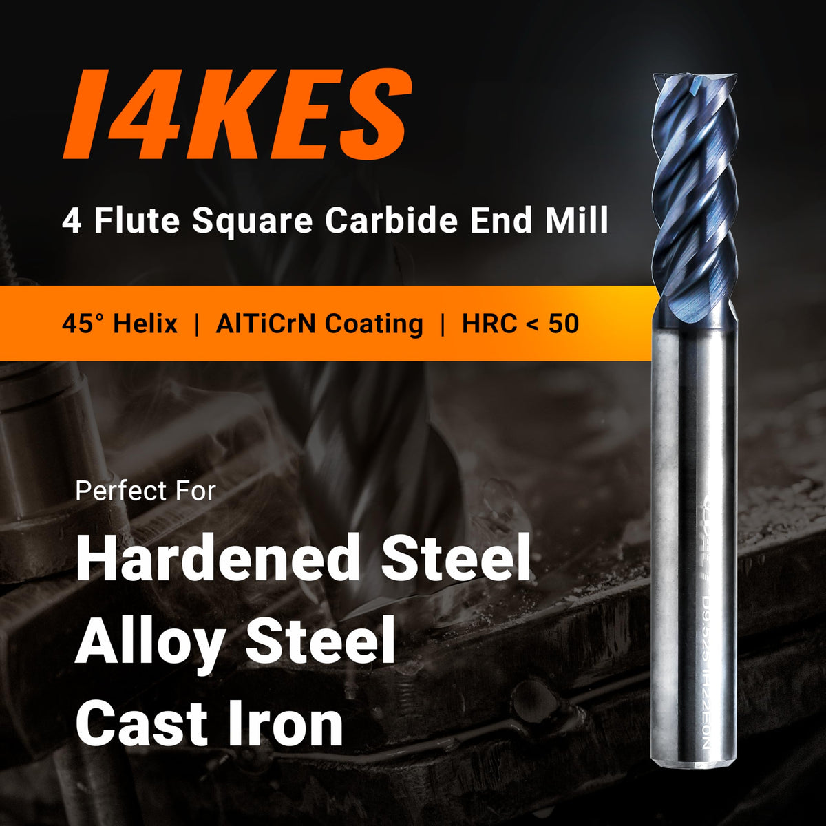 ACCUCUT I4KES 1/4” Carbide Square End Mill - 4 Flute Milling Bit for Steel, Forge Steel, Copper, Alloys & Materials < HRC 50-45 Degree Helix, AlTiCrN Coating CNC Router Bit