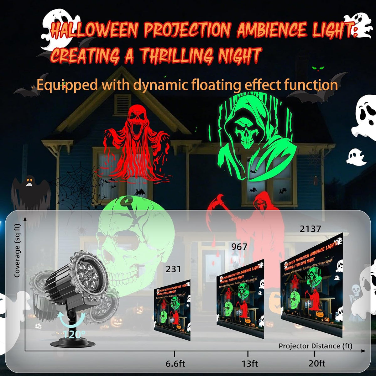 Halloween Projector Lights Outdoor, 3D Skull Ghost Halloween Decorations Outdoor Projector Lights for Indoor Window