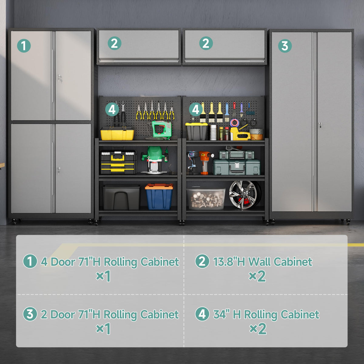 Metal Garage Storage Cabinets System, 6 Piece Workshop Steel Cabinet Set, Rolling Garage Cabinets for Tools, Lockable