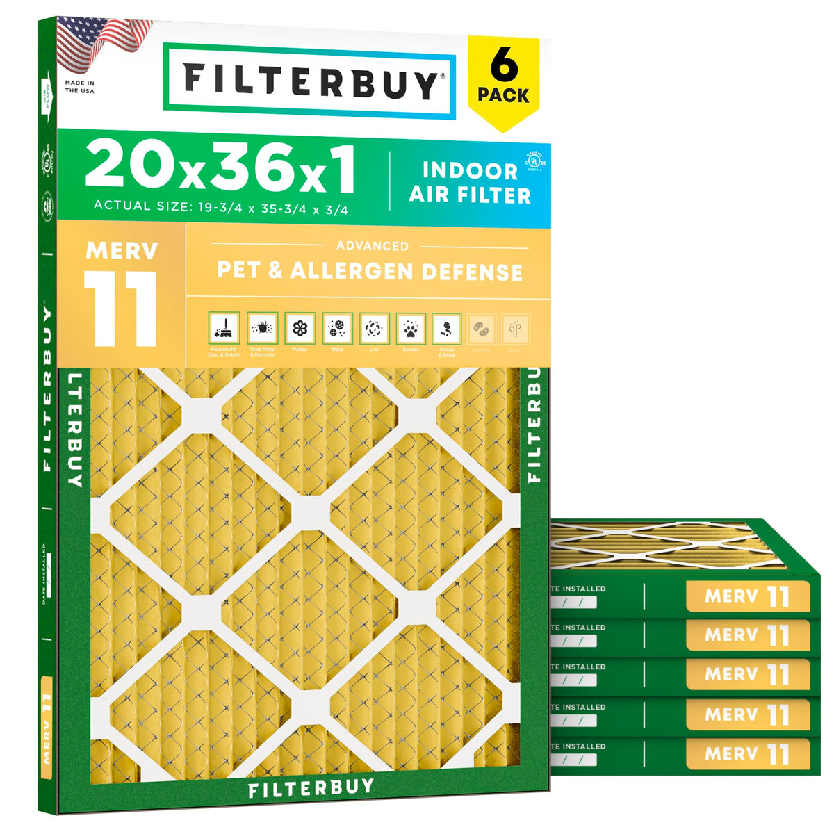 20x36x1 Air Filter MERV 11 Pet & Allergy Defense (6-Pack)
