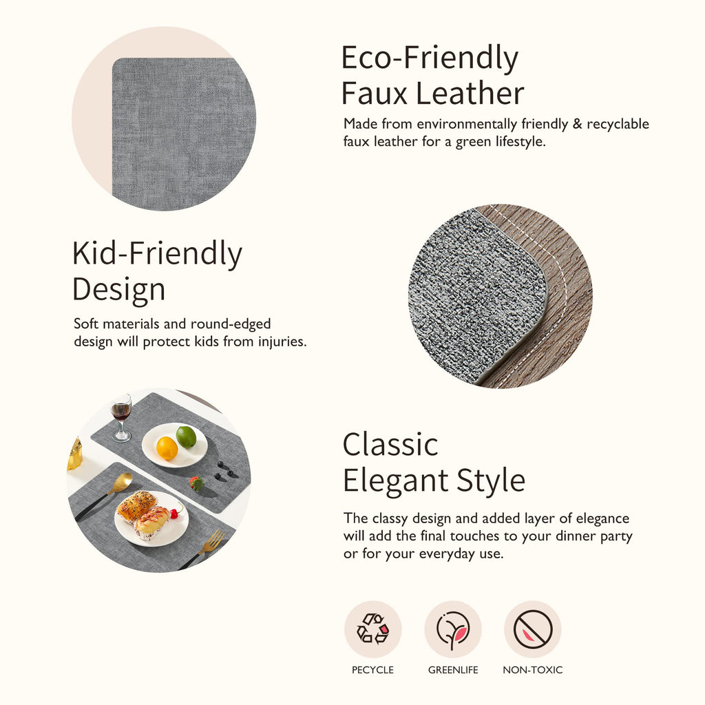 Faux Leather Placemats Set of 6, Easy to Clean, Grey