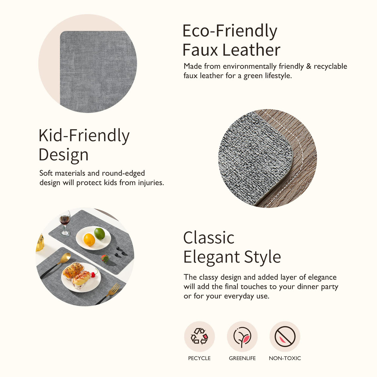 Faux Leather Placemats Set of 6, Easy to Clean, Grey