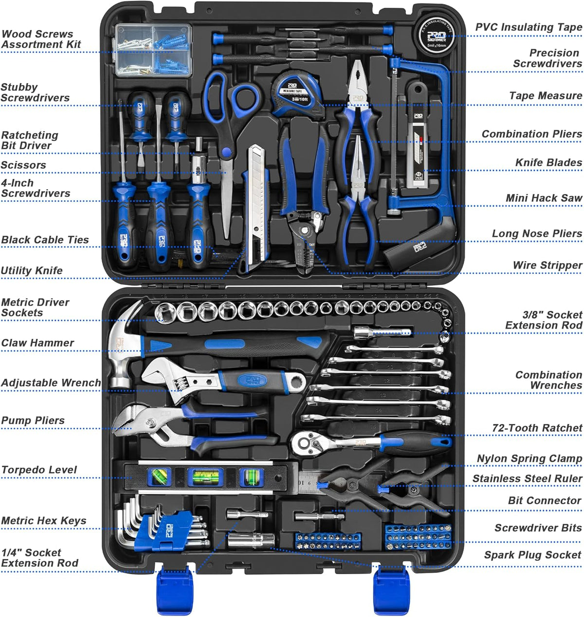 259-Piece Tool Kit, General Household Hand Tool Set with Plastic Storage Toolbox, Portable Complete Repair Tool Box