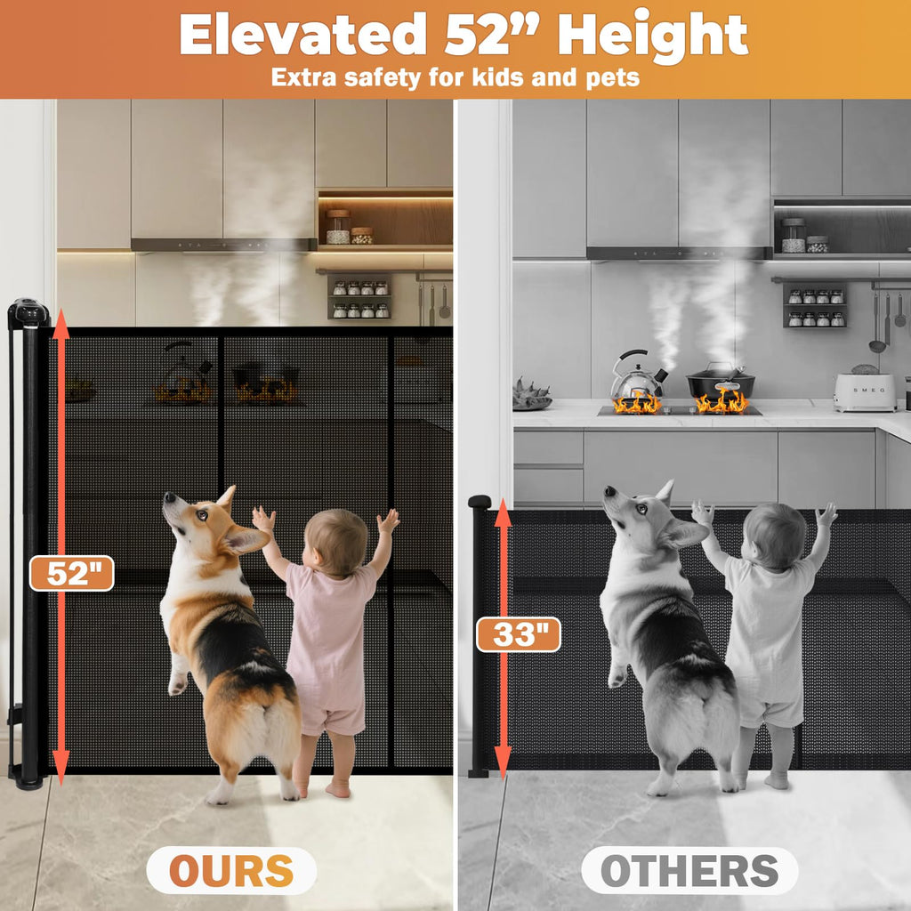 275" x 52" Tall Extra-Wide Retractable Indoor Mesh Pet & Child Safety Gate with One-Hand Safety Lock for Wide Openings, Patios & Stairways