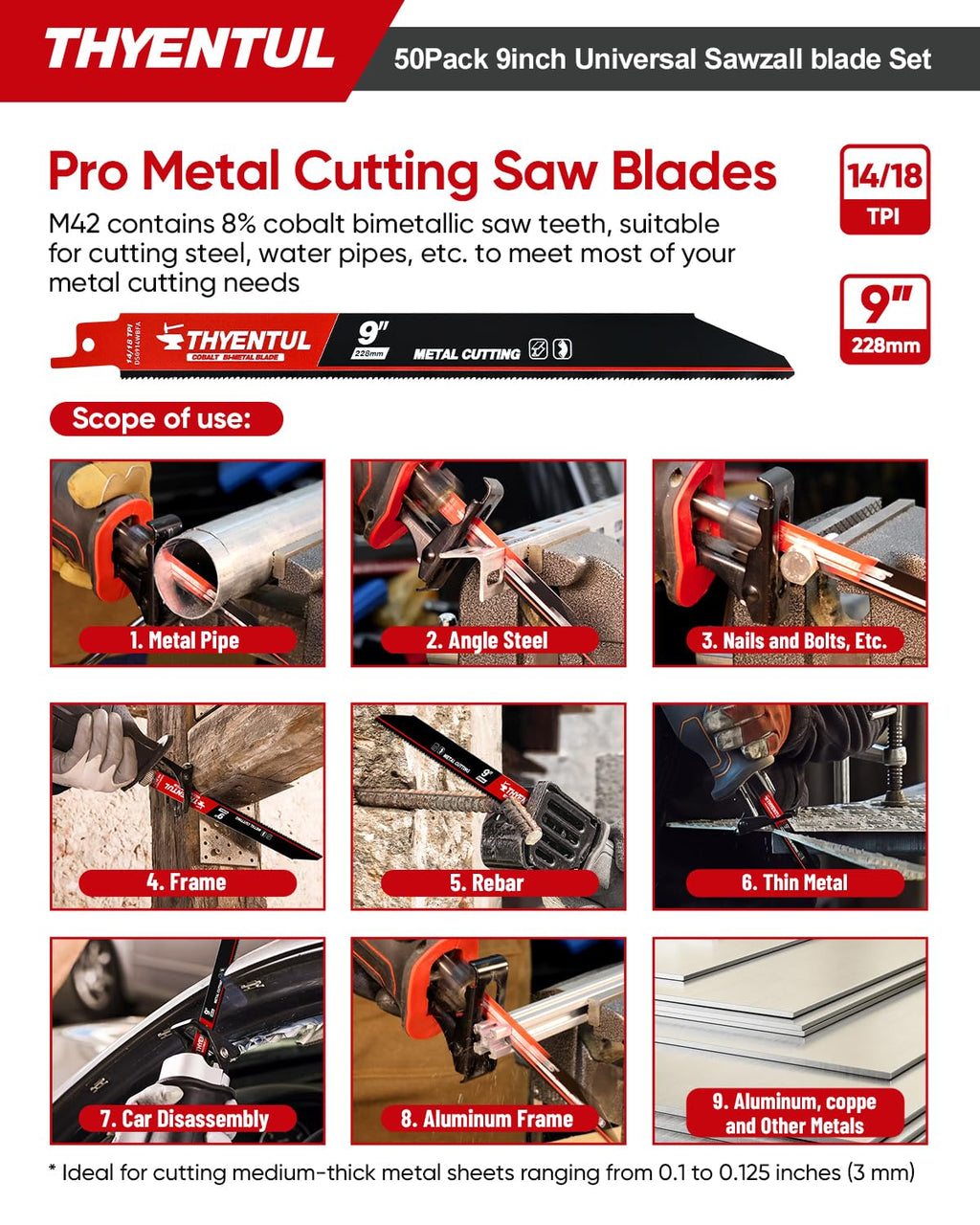 50 Pack 9 Inch Reciprocating Saw Blades, 6/12 & 14/18 TPI Bi-Metal Sawzall Blades for Wood, Nail-Embedded Wood & Metal Cutting