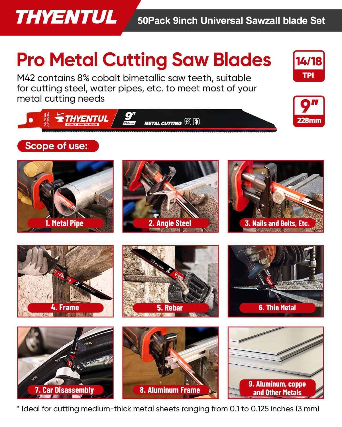 50 Pack 9 Inch Reciprocating Saw Blades, 6/12 & 14/18 TPI Bi-Metal Sawzall Blades for Wood, Nail-Embedded Wood & Metal Cutting