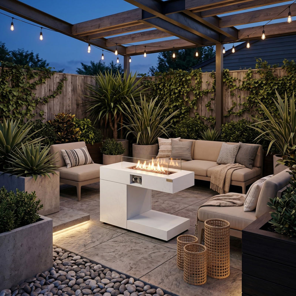 Fire Pit Table, 40000 BTU Burner, C-Shape, Stone-Look Top, White