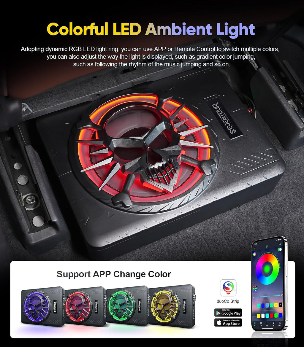 10" 1200W Under Seat Car Subwoofer and amp package，Subs with RGB LED Light | Built in Amplifier,Slim design,Include