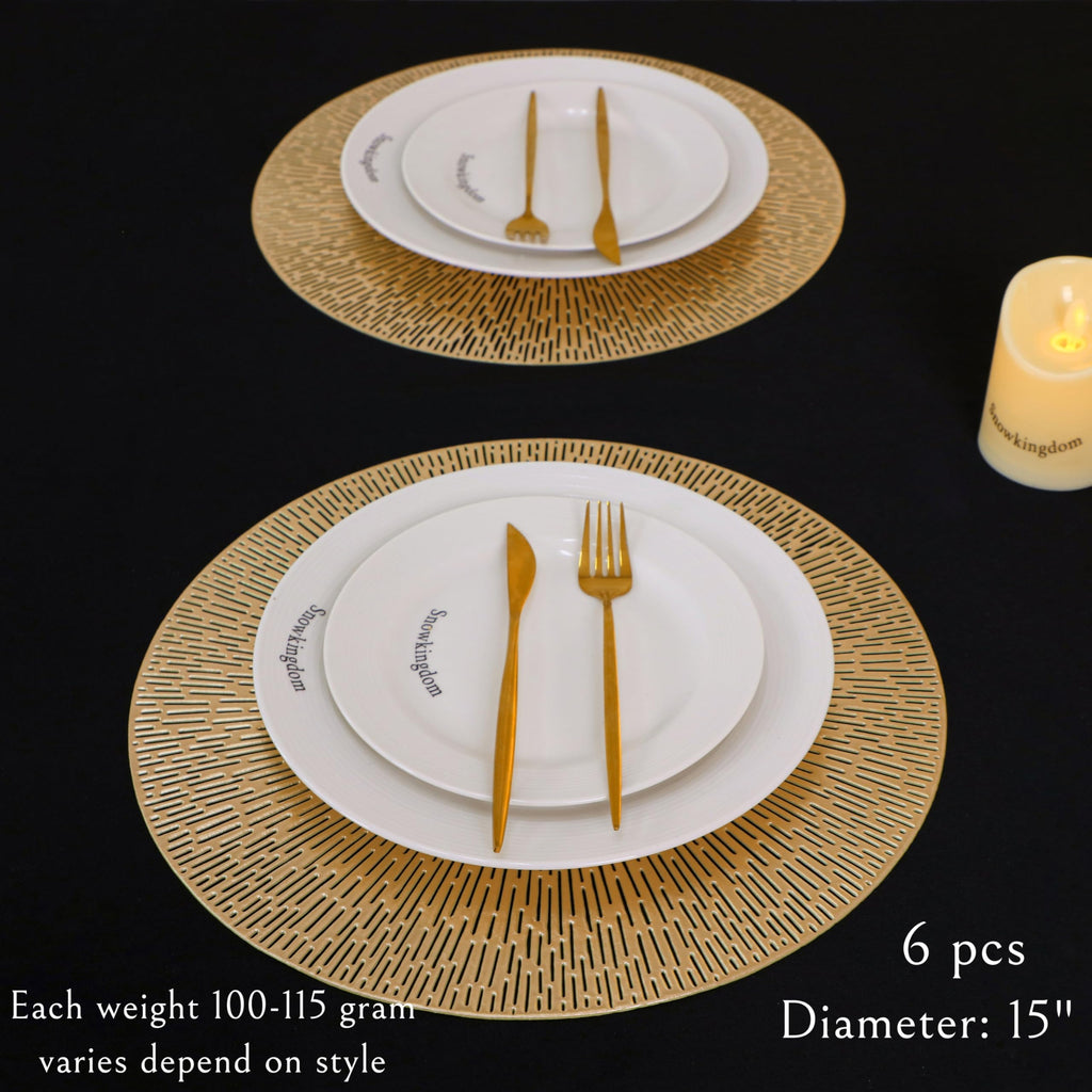 Round Placemats Gold Metallic Set of 6 Vinyl Hollow Placemats 15 Inch, Washable Easy Clean Wipeable Non Slip Stain