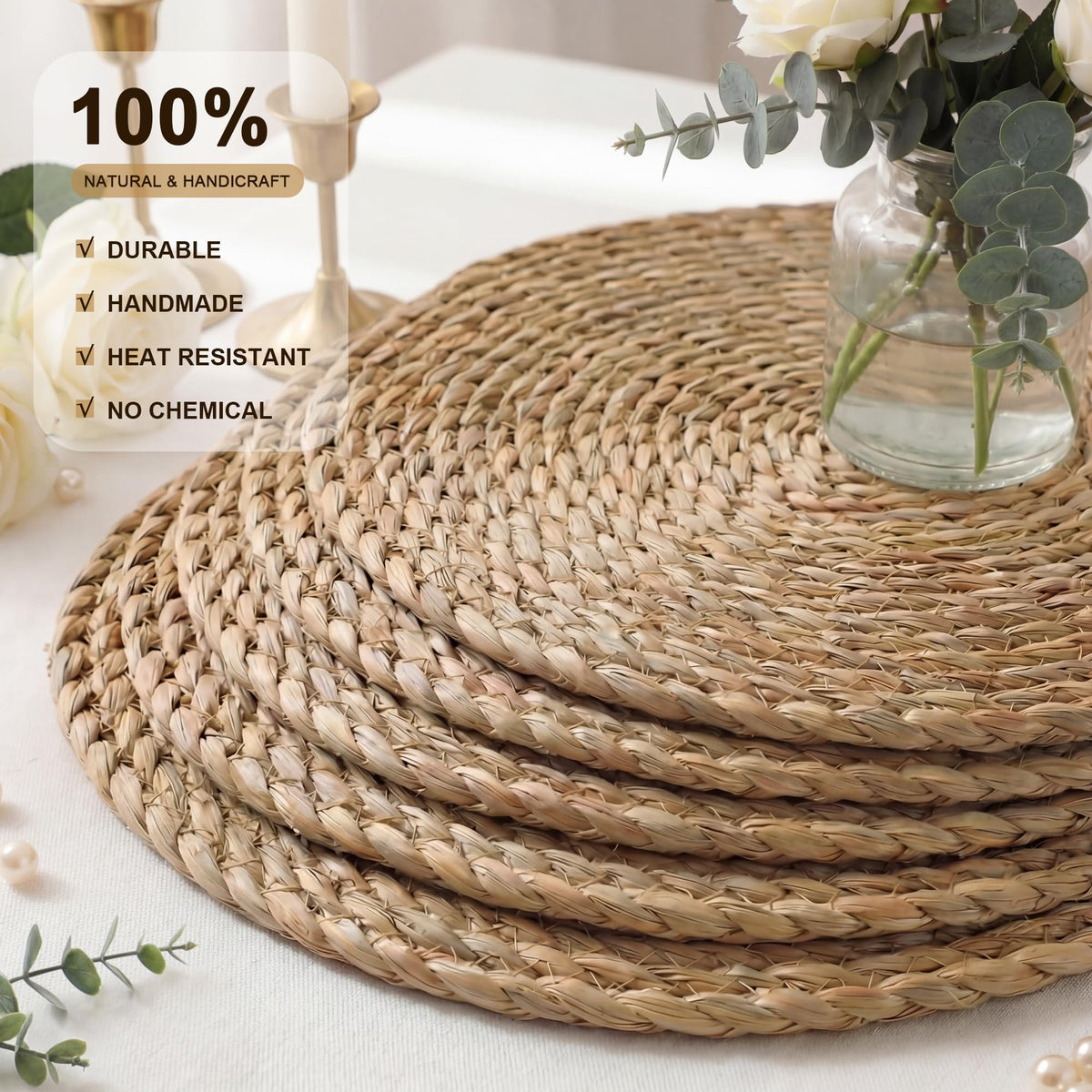 Round Woven Placemats 8PCS 13in Rattan Charger Wicker Boho Place mat