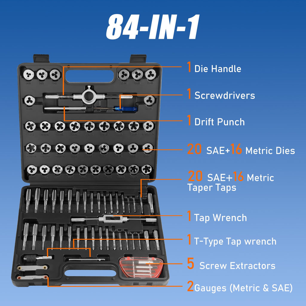 Anfrere 84pcs Tap and Die Set in SAE & Metric Sizes