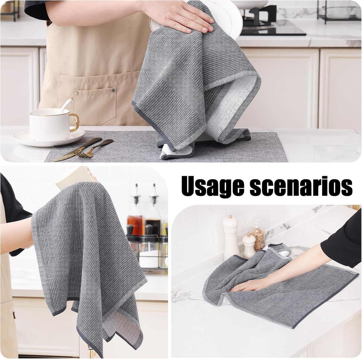 380 GSM Cotton Premium Kitchen Towels 6 Pack, 18"x 28", Grey | Flat and Terry Dish Towels, Highly Absorbent Tea Towel