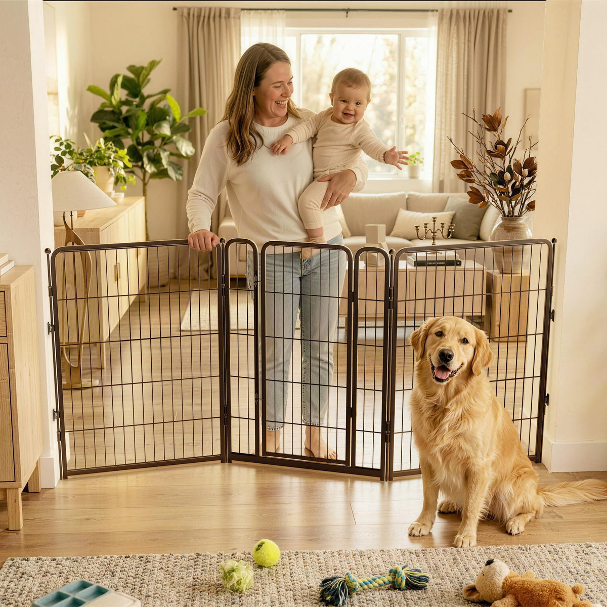 83" x 40" H Extra-Wide Adjustable Hardware/Pressure-Mounted Pet & Child Safety Gate with Dual-Lock Walk-Through Swing Door for Stairs, Hallways & Wide Doorways
