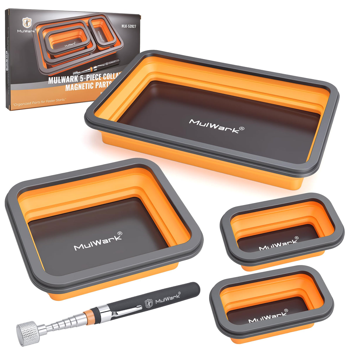 4Pcs Collapsible Magnetic Tray with 15Lb Magnetic Pickup Tool, 3 Sizes Silicone Magnetic Parts Tray for Organizing