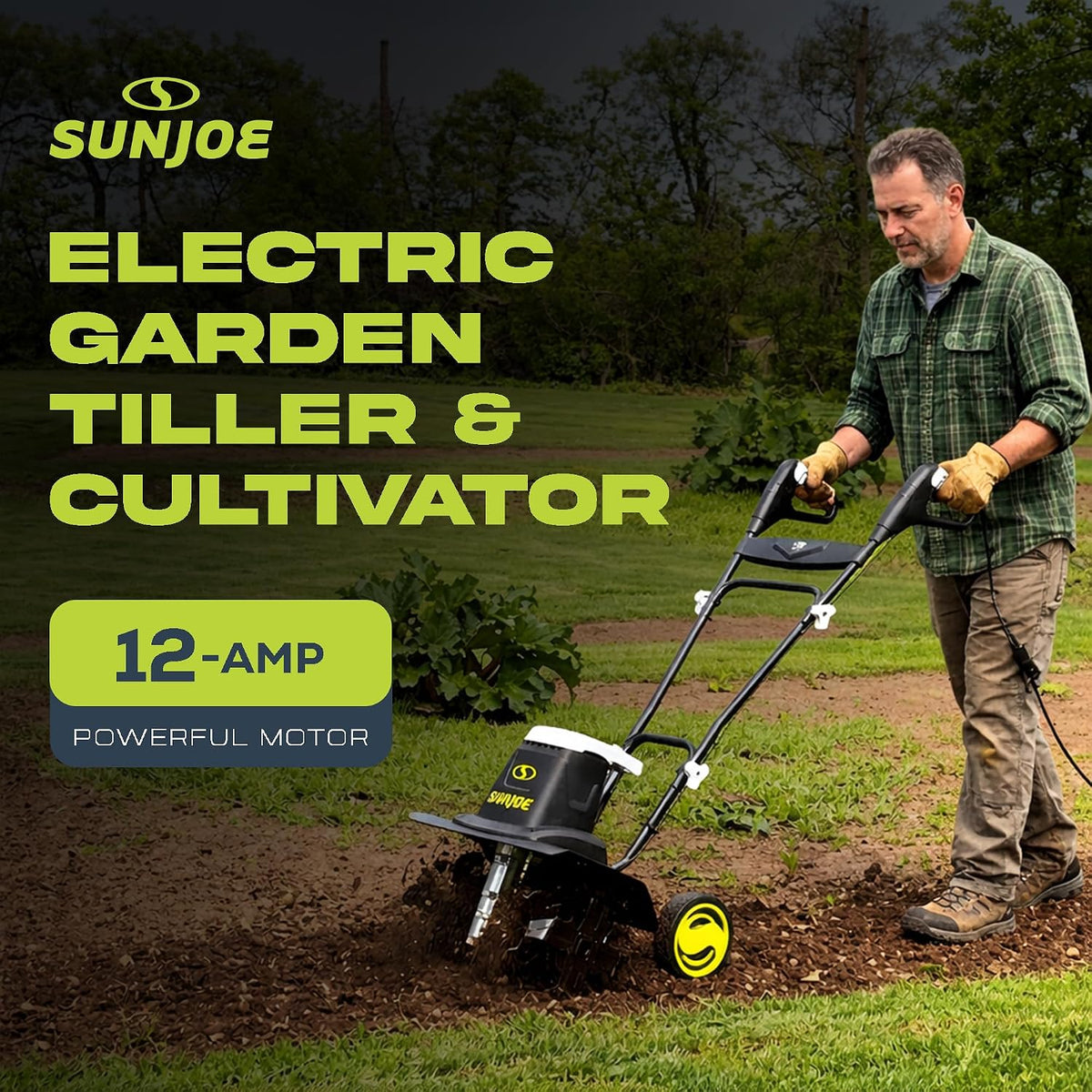 Corded Electric Garden Tiller & Cultivator with Steel Tines, 16 In, 12-Amp Motor - Heavy-Duty Tilling Machine and