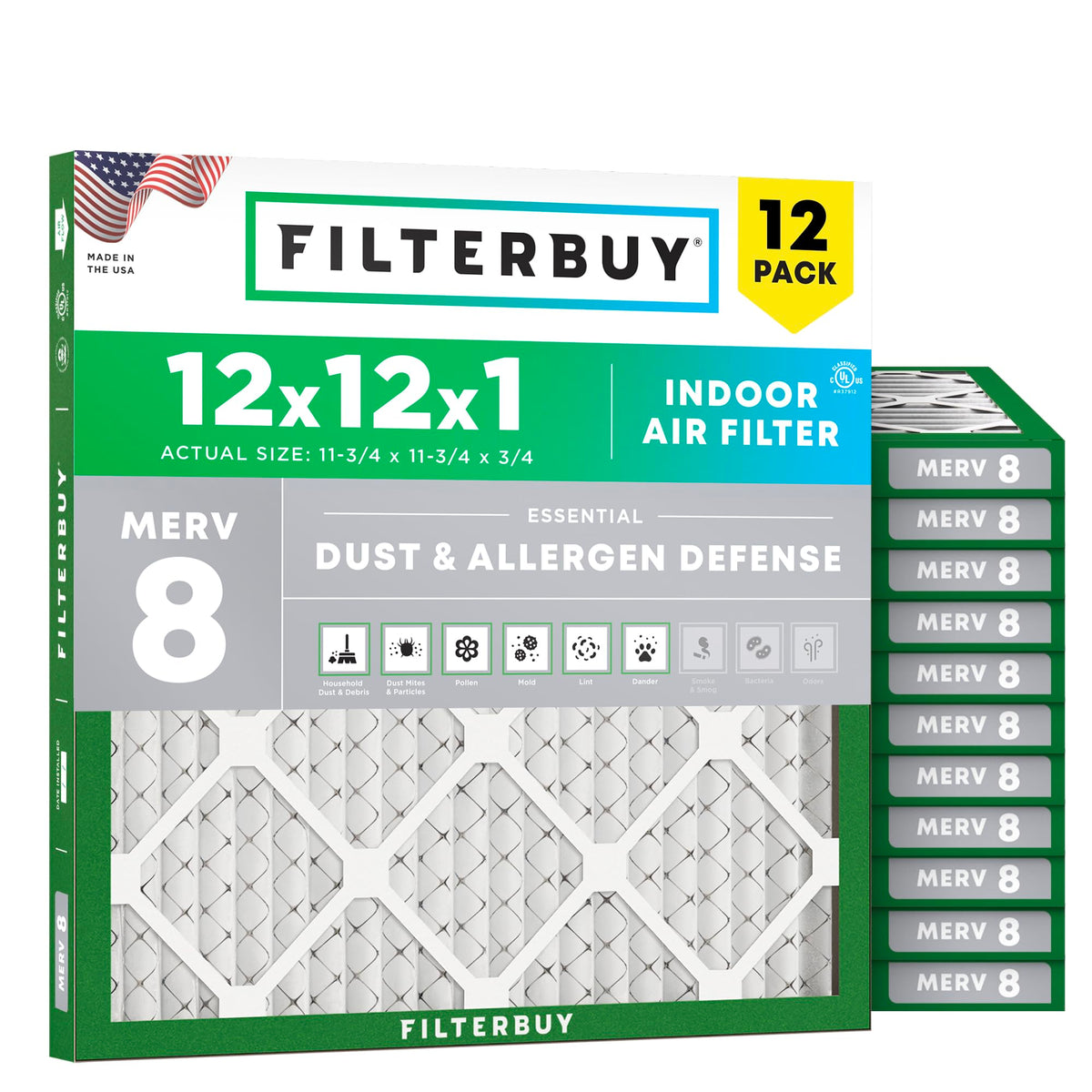 12x12x1 Air Filter MERV 8 Dust & Allergy Defense (12-Pack)