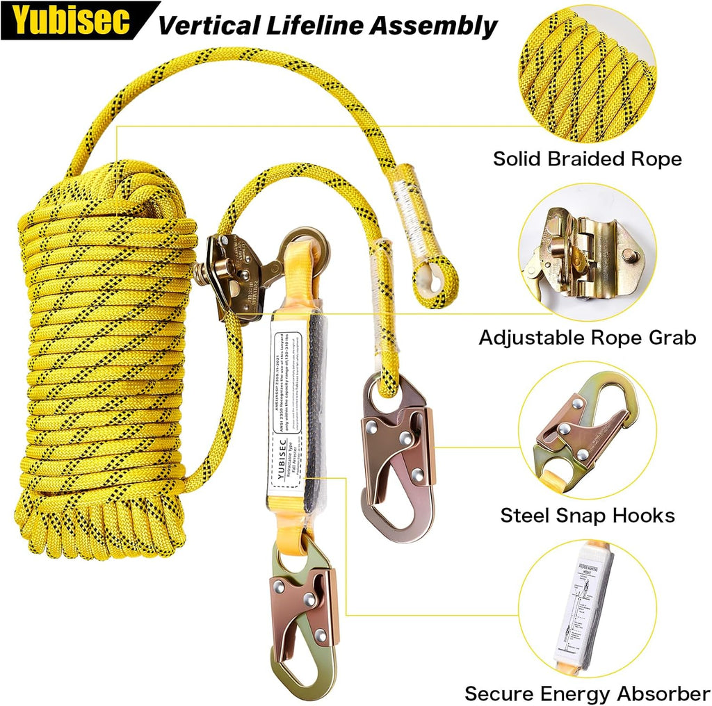 Rope Harness Safety Lanyard 25FT, Vertical Lifeline Assembly | Grab Snap Hooks Shock Absorber, Fall Protection Tree