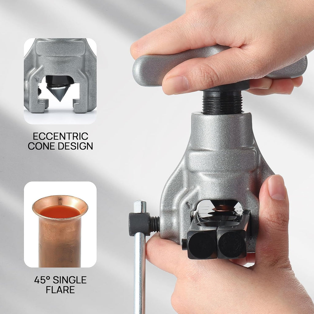 HVAC FlaringTool Kit for 1/4 to 3/4in Pipes, 45 Degree Eccentric Cone Type, 2 Flaring Splints, Single Flaring Tool