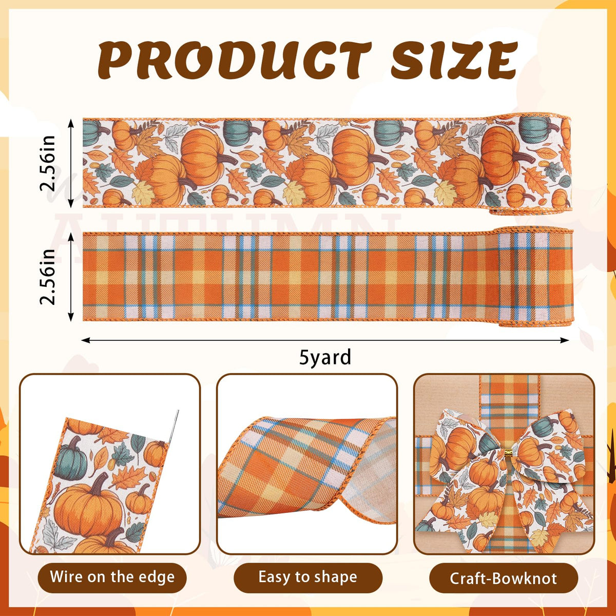 2 Rolls Fall Pumpkin Craft Ribbons for Wreath Bows