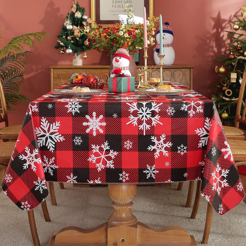 Christmas Tablecloth Rectangle Vinyl with Flannel Backing, Buffalo Plaid Snowflake Print, Waterproof & Heavy Duty