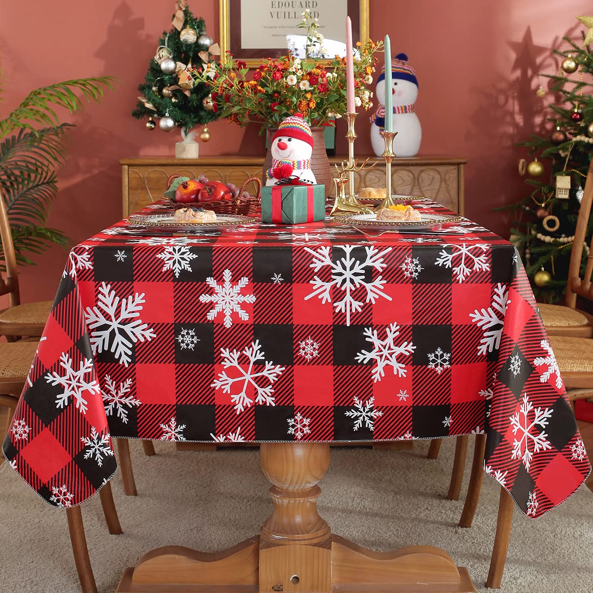 Christmas Tablecloth Rectangle Vinyl with Flannel Backing, Buffalo Plaid Snowflake Print, Waterproof & Heavy Duty