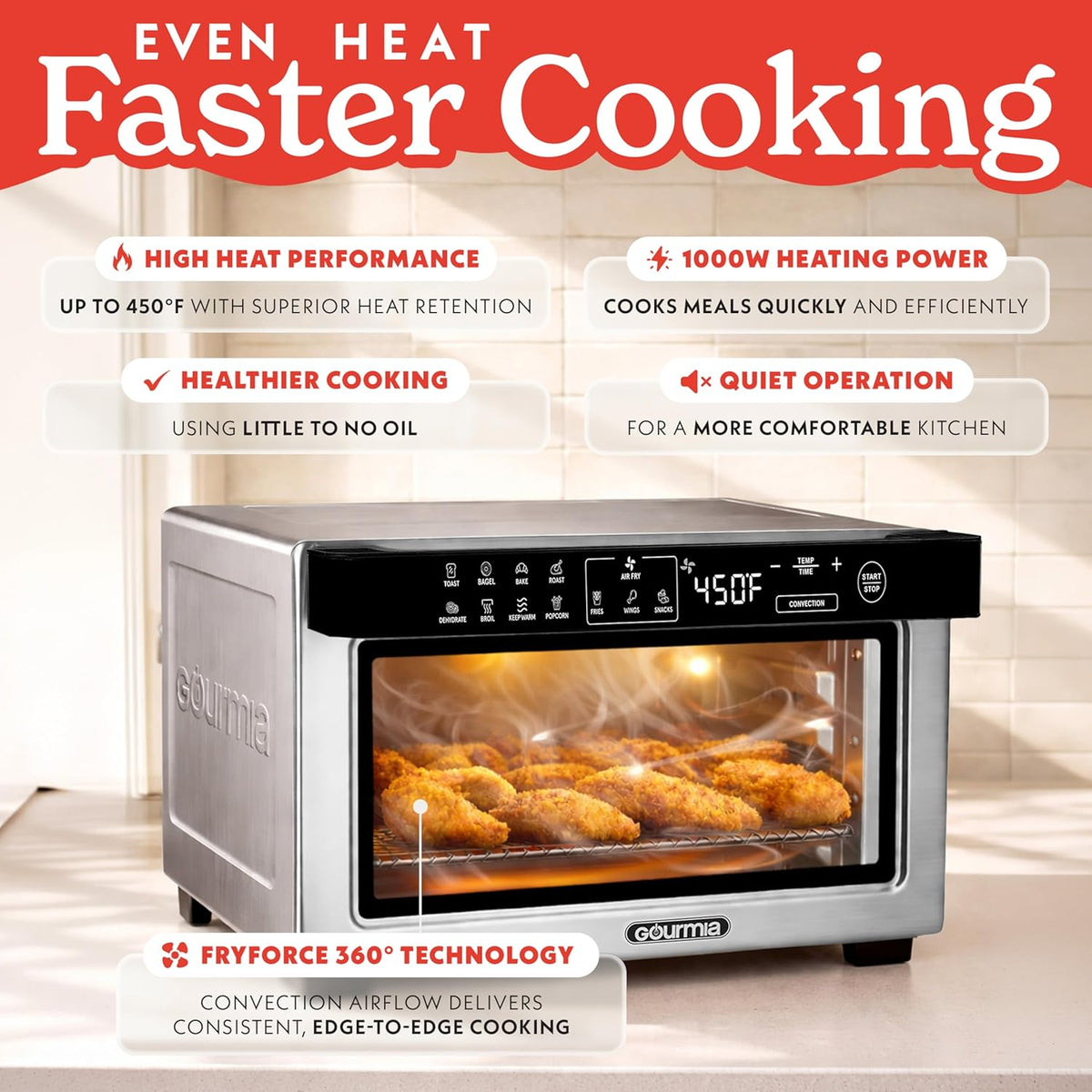 Toaster Oven Air Fryer - 4 Slice Capacity, Single Door, Digital Display, Air Fry, Toast & Dehydrate, Convection