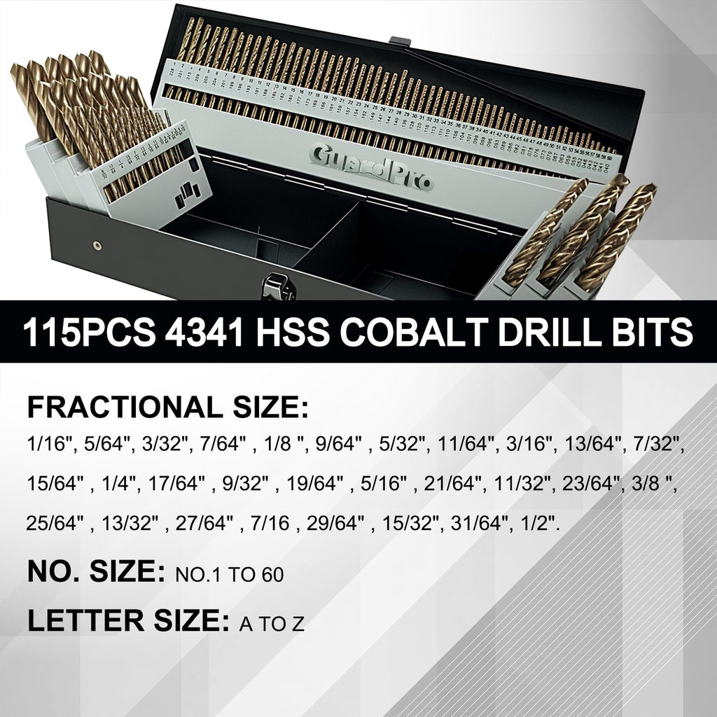 GuardPro 115Pcs Cobalt Drill Bits Set, High Speed Steel, 135 Degree Tip, Twist Jobber Length Drill Bit Kit for Hardened Metal, Plastic and Wood with Metal Indexed Storage Case, 1/16"-1/2"