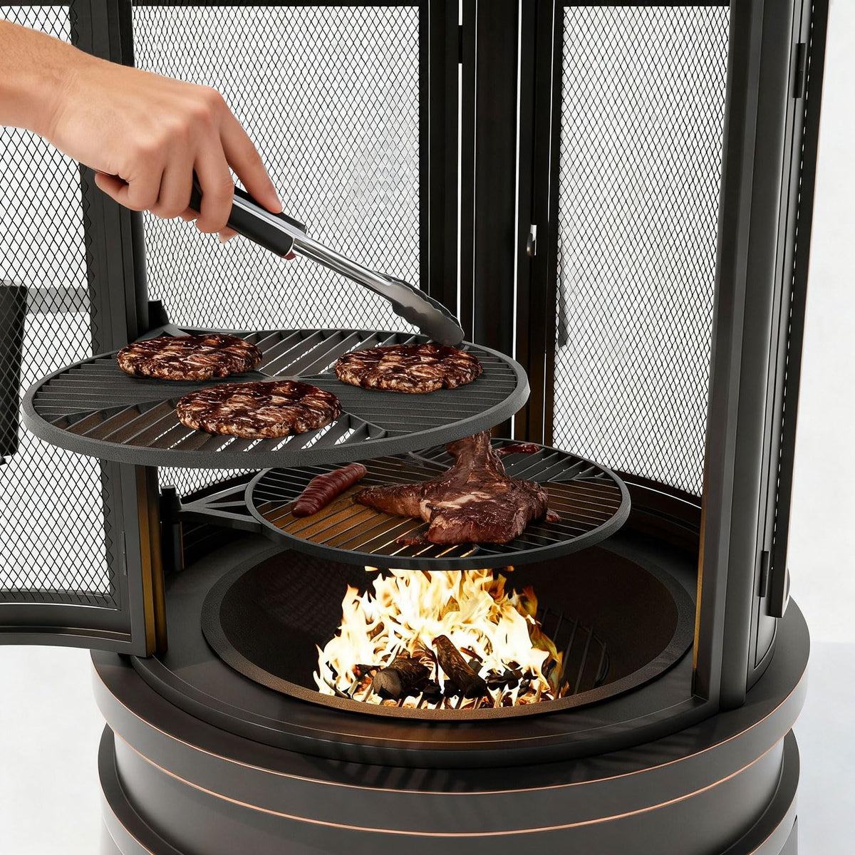 Metal Chiminea Fire Pit with Grill, 2 in 1 Firepit with Adjustable Grill Tray & Mesh Spark Screen Door, 3-Door