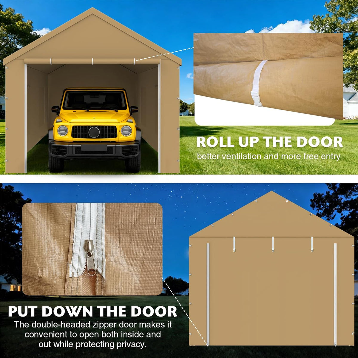 10x20FT Carport Canopy Front/Back Panel Entrance Door Tarp with Zippers, Waterproof & UV Protected Replacement