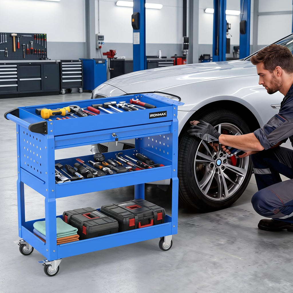 3 Tier Rolling Tool Cart with Lockable Drawer, Heavy Duty Metal Utility Cart on Wheels with Pegboards & Hooks