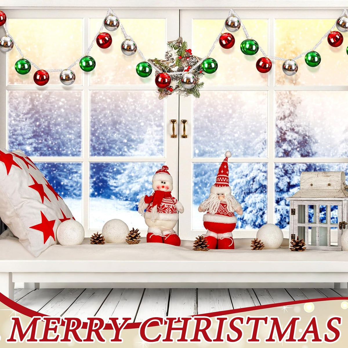 2 Set Christmas Porch Decorations Christmas Front Door Ball Garlands with Red Bow Xmas Ornaments for Front Door Xmas
