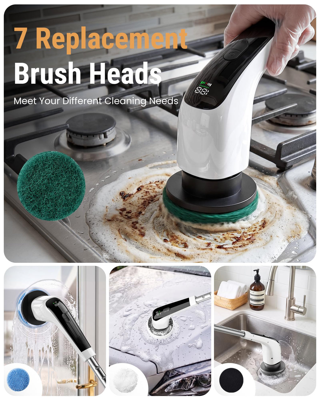 Electric Spin Scrubber, 50 in-lbs High Torque Shower Scrubber & Retractable Long Handle, 10-in-1 Variable Speed