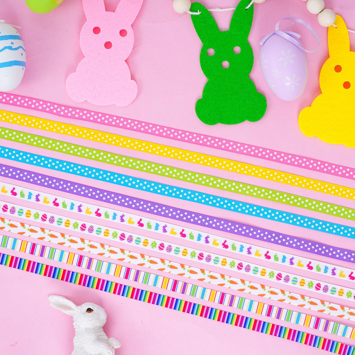 10 Rolls Easter Grosgrain Ribbon, 100 Yards 3/8 inch Easter Spring Bunny Eggs Carrot Stripe Rainbow Polka Dot Rabbit